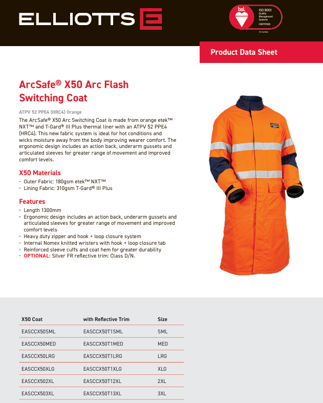 X50 ArcSafe® ArcFlash Switching Coat with Reflective Trim Large EASCCX50T1LRG