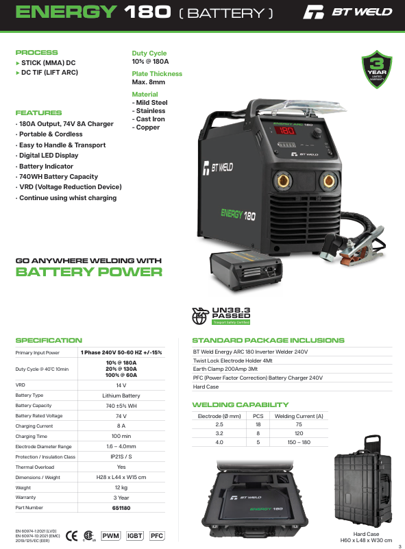 BT Weld Energy ARC 180 Inverter Welder (Battery) 651180