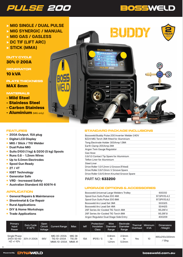 MIG Welder Bossweld Buddy PULSE 200 Inverter Welder 240V 15Amp 633200