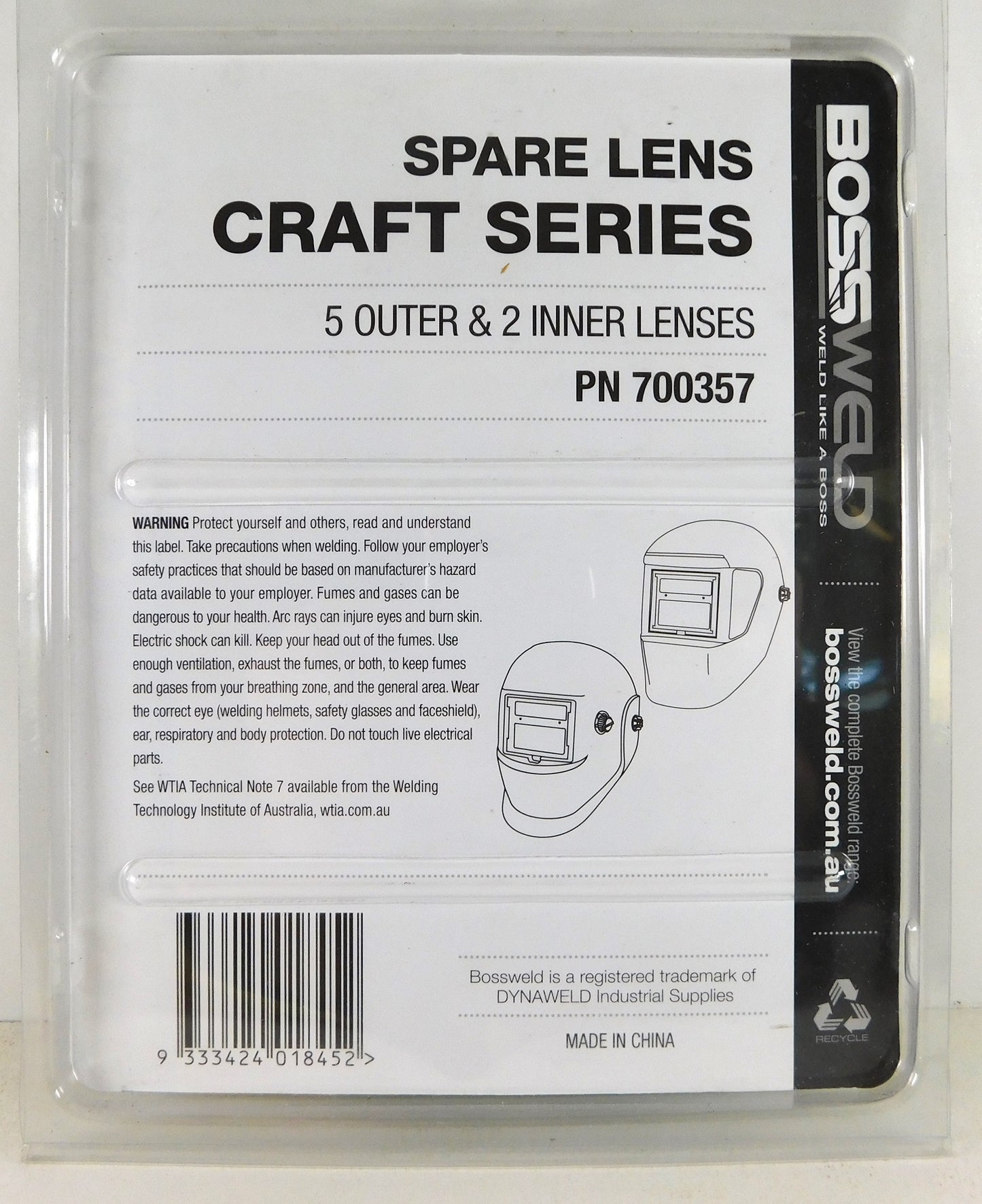 Bossweld Craft Series Helmet Lens Outer/Inner 700357 7Pcs