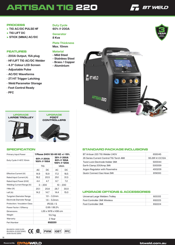 TIG & Stick BT Weld ARTISAN Pulse 220 AC/DC 240V 652220