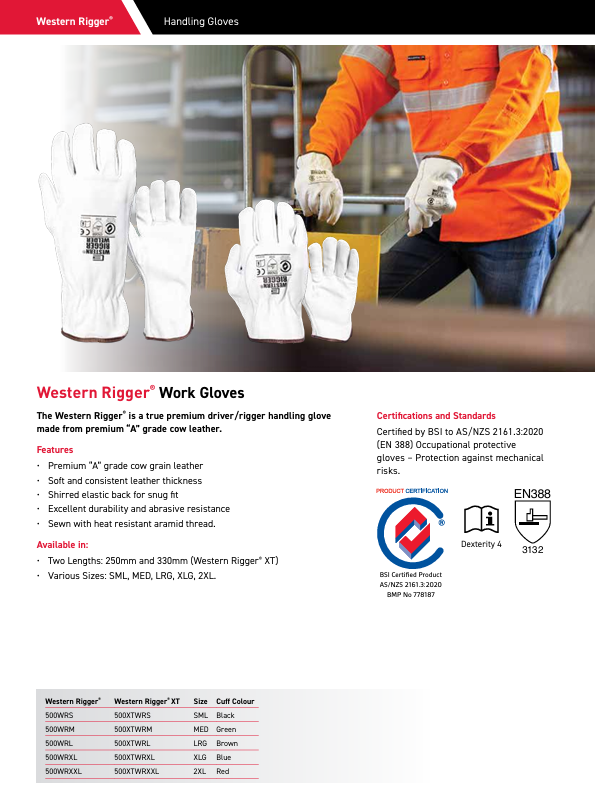 10Prs Western Rigger Premium Glove 500WRXL XL