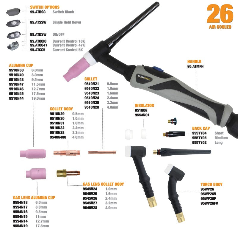 WP-26FV x 8m Tig Torch 200A Flexi with Valve 95.26FV.8.1.SW.DA50