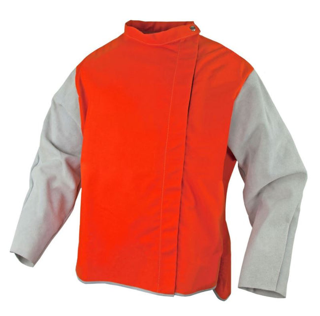 Orange Proban High Vis Welding Jacket, chrome leather sleeves Class D LGE